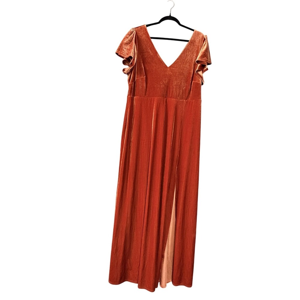 Birdy Grey Dress Womens L Orange Velvet V Neck Flutter Sleeve Slit Bridesmaid